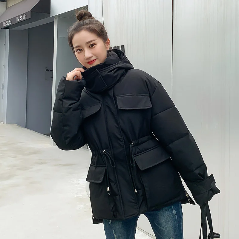 GRELLER New Winter Women Jacket Short Thicken Outwear Hooded Wadded Coat Drawstring Parkas Cotton-padded Puffer Jacket Clothes