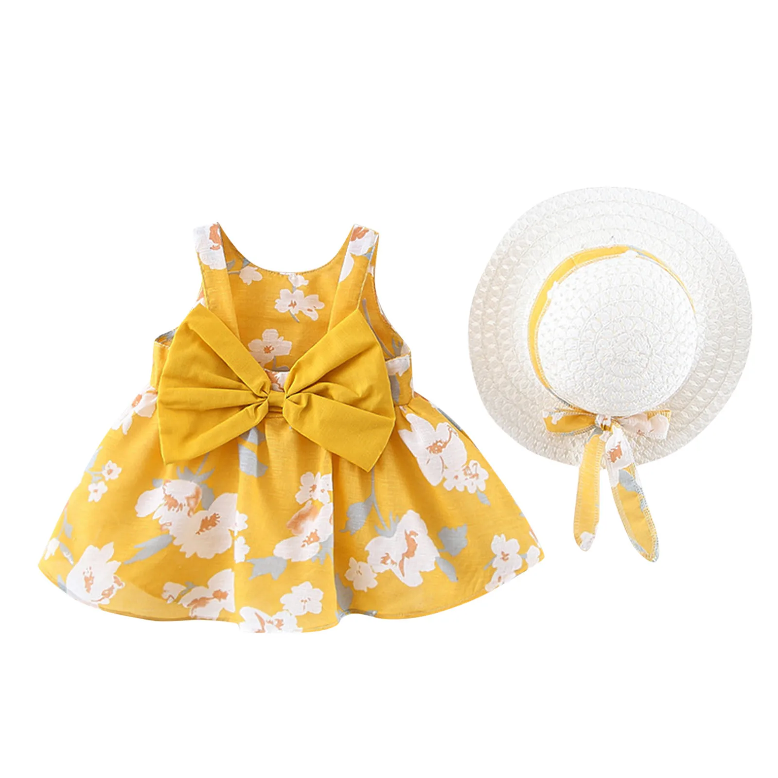 

Sleeveless Bow Vacation Beach 0-3Y Set Baby Hat Princess Dress Toddler Dresses Floral Girls Ruffles 6 Year Old Girls Dresses