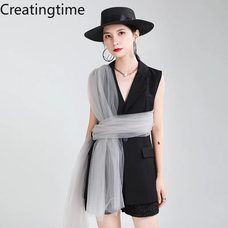 

Creatingtime 2022 Spring Summer New Fashion Tide Women's Solid Color Notched Patchwork Sleeveless Winding Mesh Balzer Vest GA587