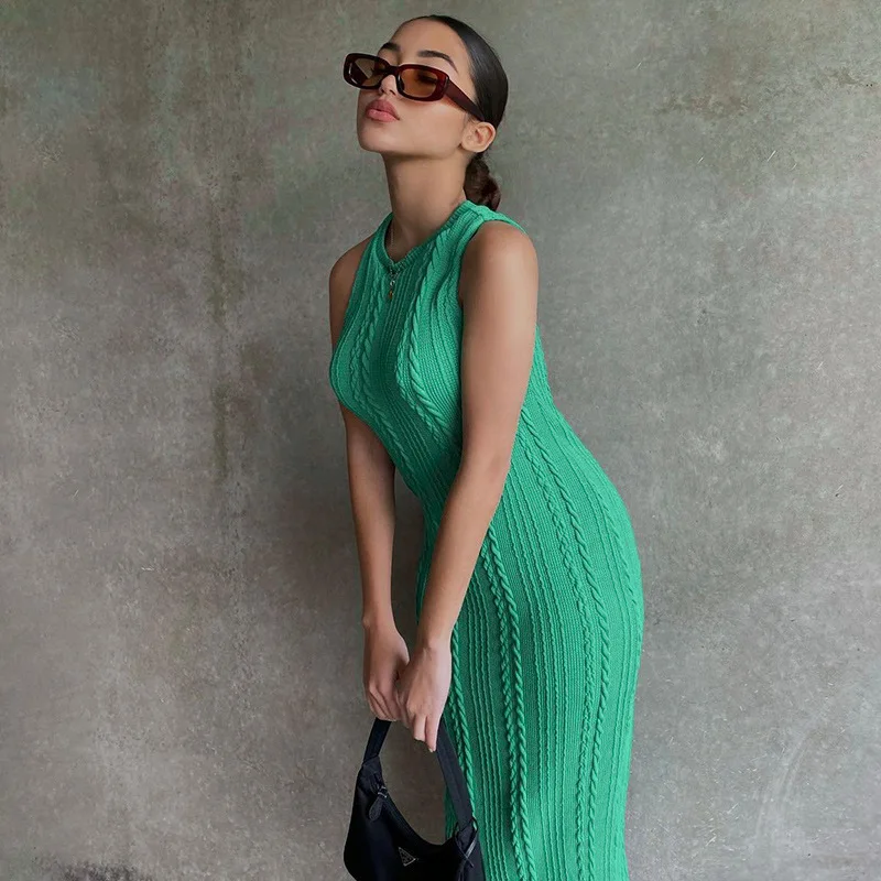 

2022 Women Sleeveless Knitted Vestidos Skinny Solid Hip Hop A-line Sweater Dresses Autumn Office Lady Slim Mermaid Dress L050