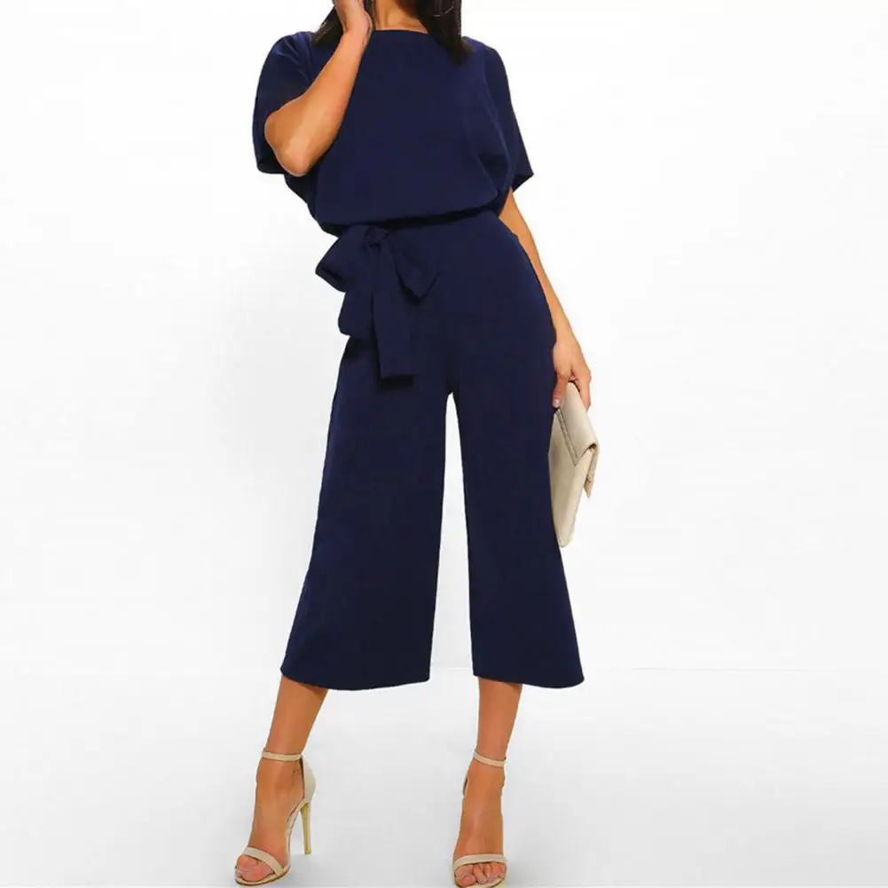 

Jumpsuit Lace Up High Waist Elegant Women Romper Solid Color Short Sleeves Belt Batwing Sleeve Tight Waist Summer Jumpsuit