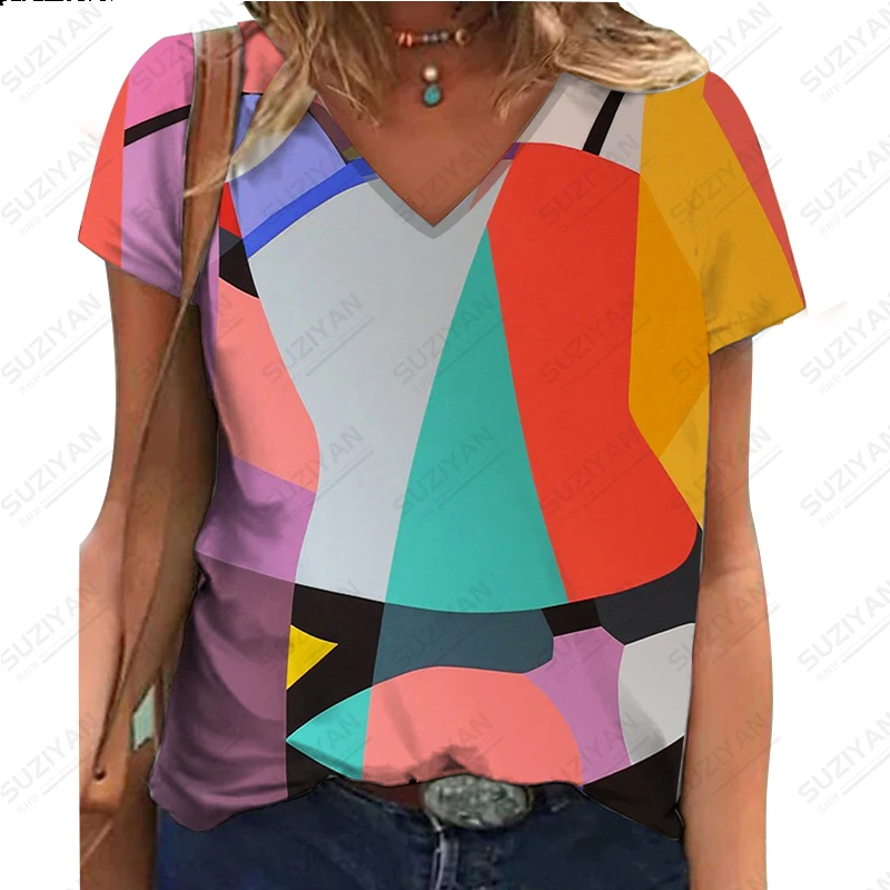 

Women's 3D printed V-neck top casual short sleeved pullover summer oversized Harajuku clothes oversized white geometric image