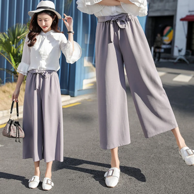 

2022 Summer Autumn Women Chiffon High Waist Wide Leg Pants Bow Tie Drawstring Sweet Elastic Waist Loose Ankle-length Pants Mujer