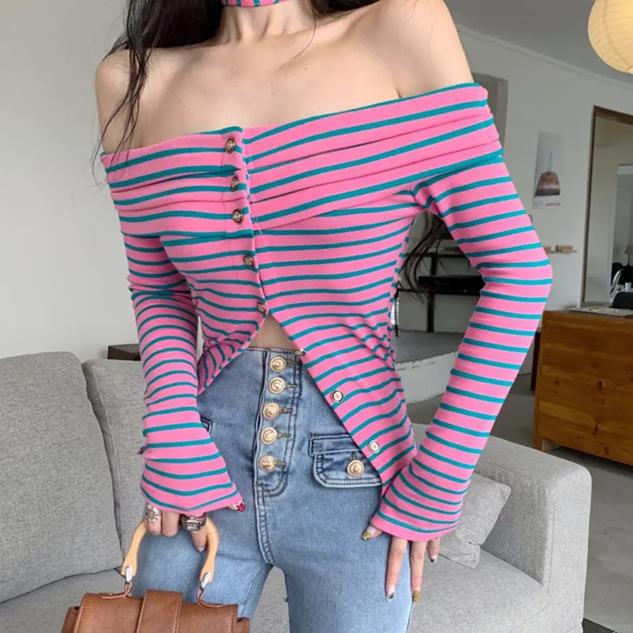 

HziriP облегающие футболки в полоску с воротником-лодочкой шикарные 2022 с длинными рукавами хлопковые универсальные новые офисные повседневны...