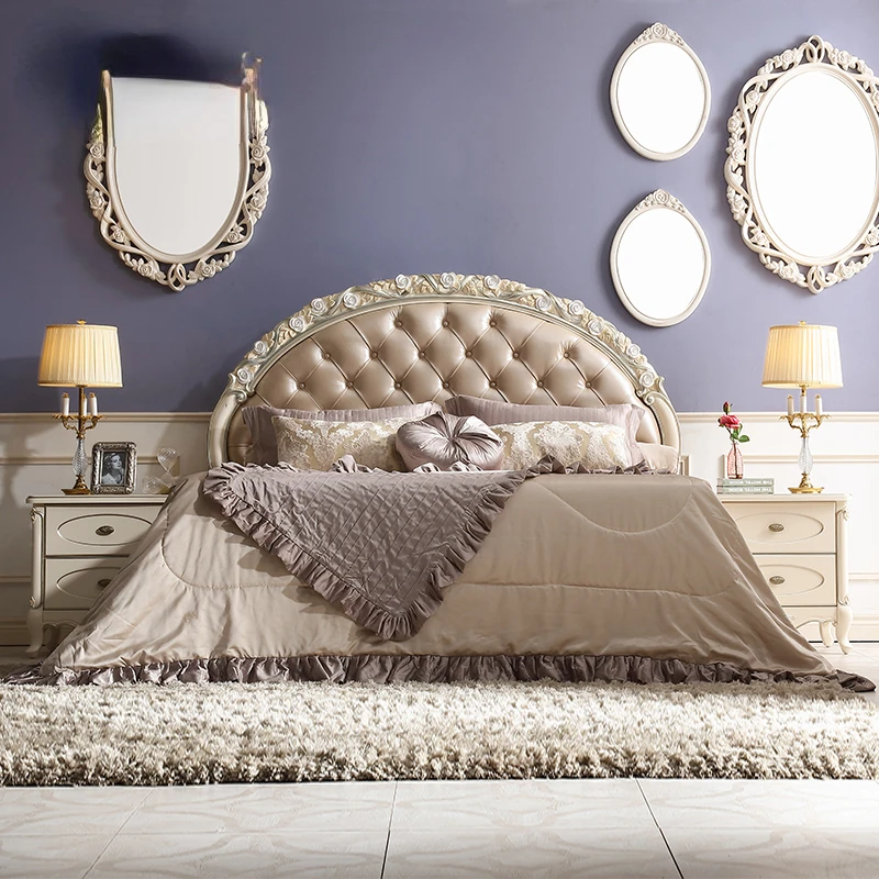 

French style leather double bed European rose carved wedding bed master bedroom solid wood big bed R1