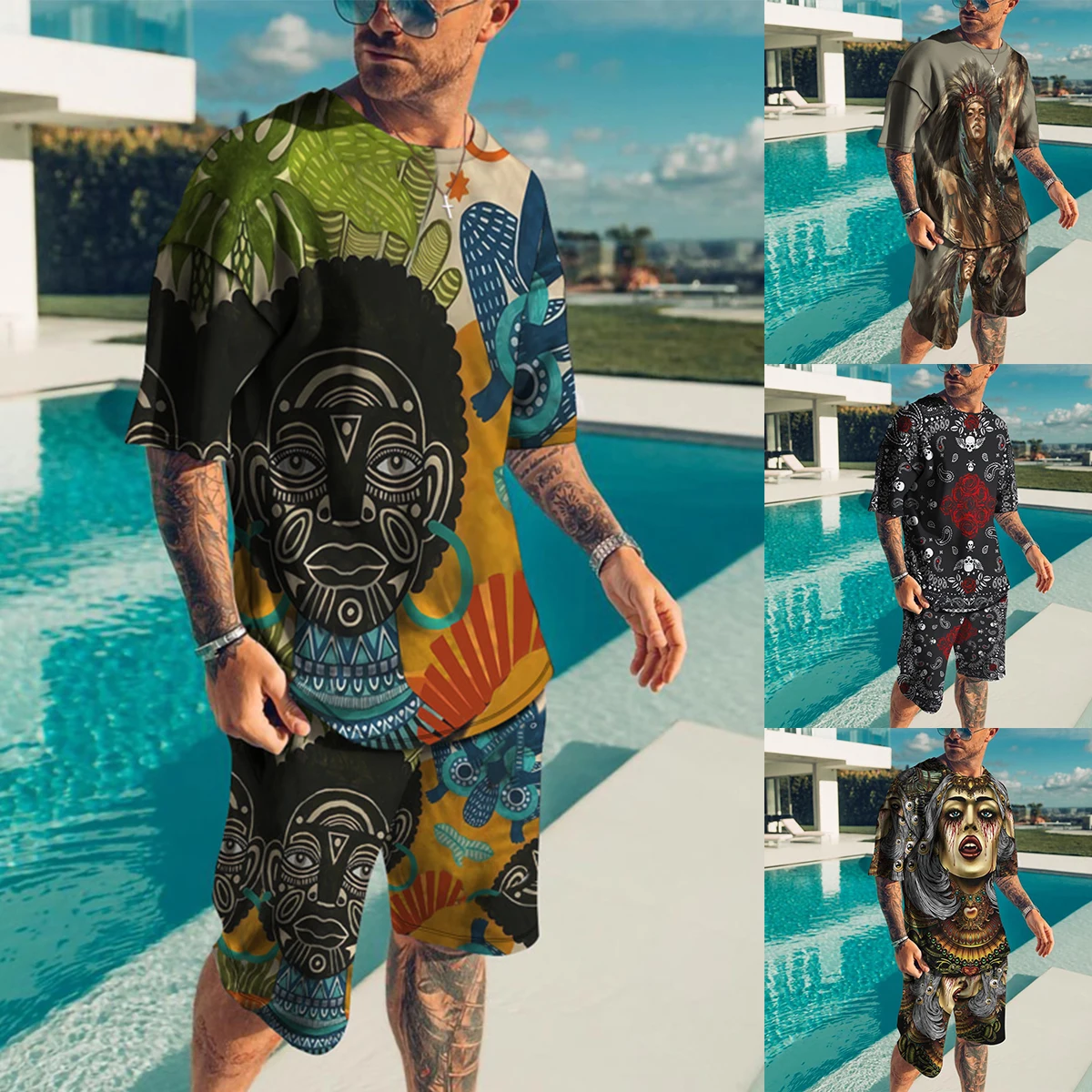 

Спортивный костюм мужской с 3D-принтом, футболка с коротким рукавом и шорты, уличная одежда в стиле ретро, комплект из 2 предметов, лето 2022