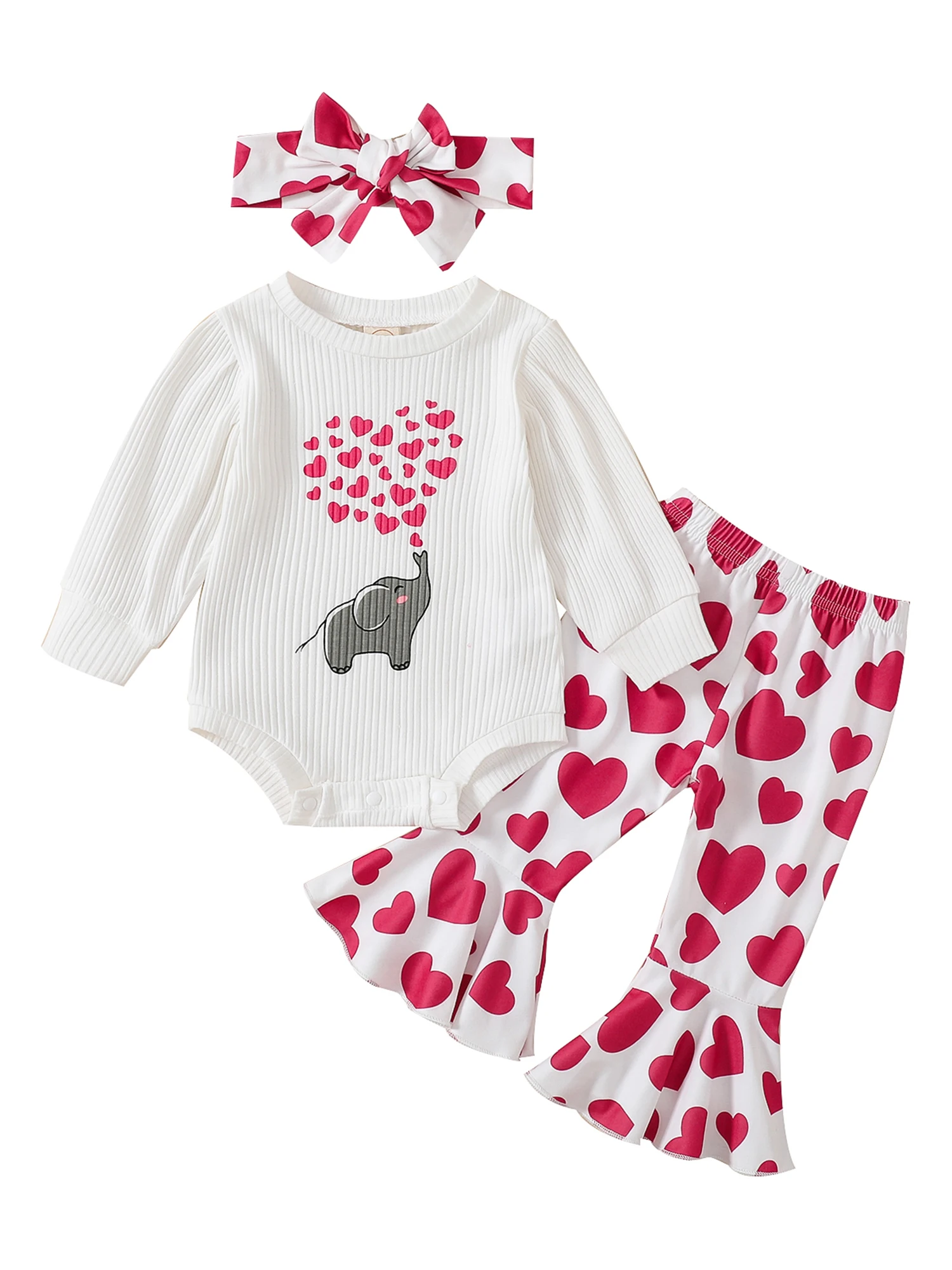 

Наряд на День святого Валентина для маленьких девочек, рубашка с изображением слона, сердца, комбинезон, расклешенные брюки, повязка на голову, комплект одежды на День святого Валентина