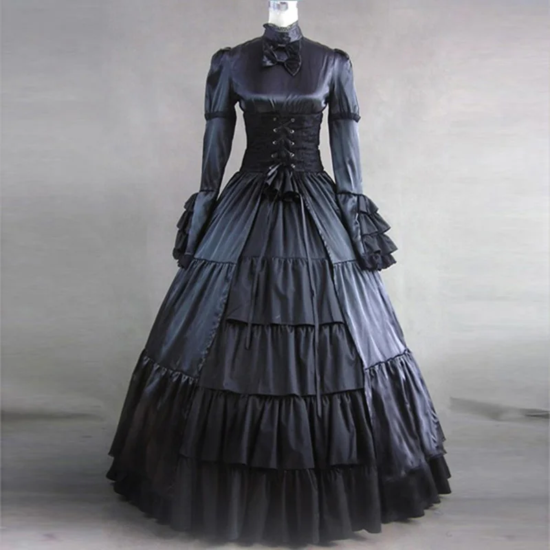 Long Sleeves Black Gothic Victorian Corset Dress Ball Gown Victorian Steampunk Theater Clothing