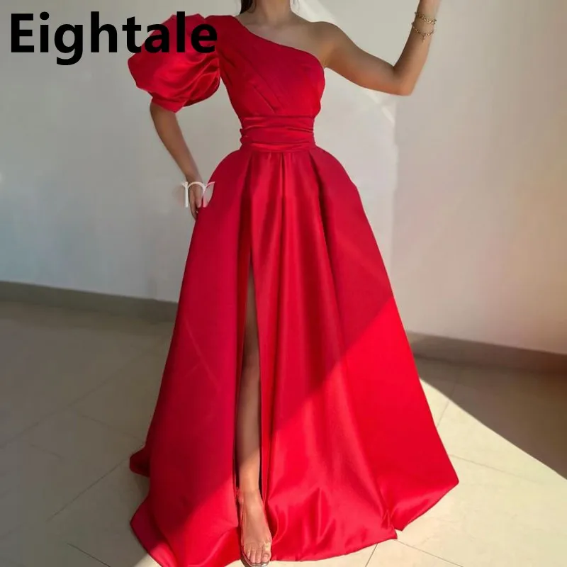 

Красное Атласное Вечернее платье с одним открытым плечом, с разрезом