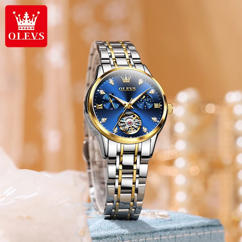 OLEVS Automatic Mechanical Watch 2022 New Casual Fashion Women Watch Blue Hollow Dial Stainless Steel Strap Waterproof Luminous
