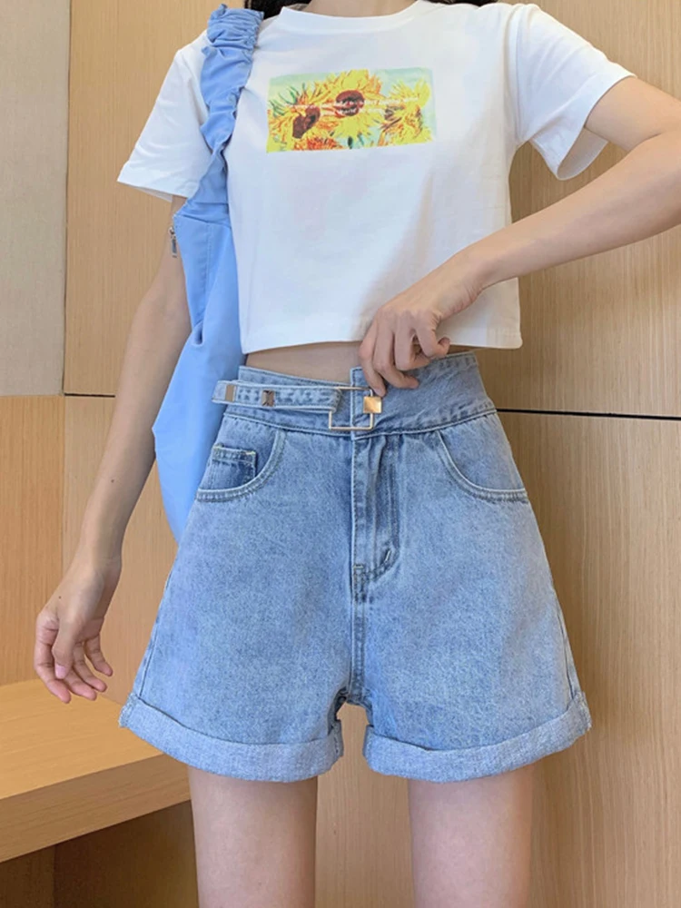 New Summer Women High Waist Button Blue Denim Shorts Streetwear Female Wide Leg Asymmetrical Jeans Shorts Bottoms