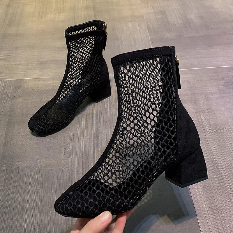 

2023 New Air Mesh Net Bling Women Shoes Summer Ankle Boots Thin High Heels Sexy Sandal Chelsea Boots Female Dropship Pumps