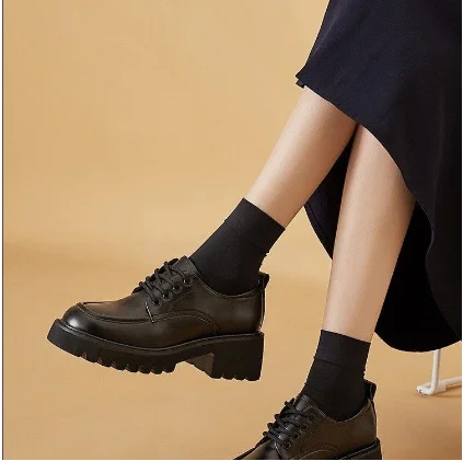 

Small Leather Shoes Female 2020 New Wild Thick High Heel Retro Black Work Shoes Spring and Autumn Sponge Cake Low Single Shoes