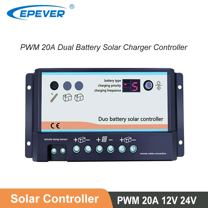 

Контроллер заряда солнечной батареи EPever PWM с двумя аккумуляторами, 12 В, 24 В, автоматический для жилых автофургонов, автобусов, лодок и т. д. с регулятором солнечной энергии MT1 DB-10A