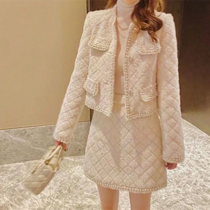 Woman Vintage Tweed Two Piece Elegant Set Female Top Woolen Jacket Coat and Mini Skirts Sets Ladies Two Piece Suits Outfits G503