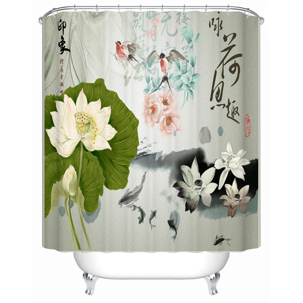 

Elegant Lotus Shower Curtain Green Pink Floral Flowers Chinese Painting Watercolor Leaves Bathroom Waterproo Bath Curtains Decor