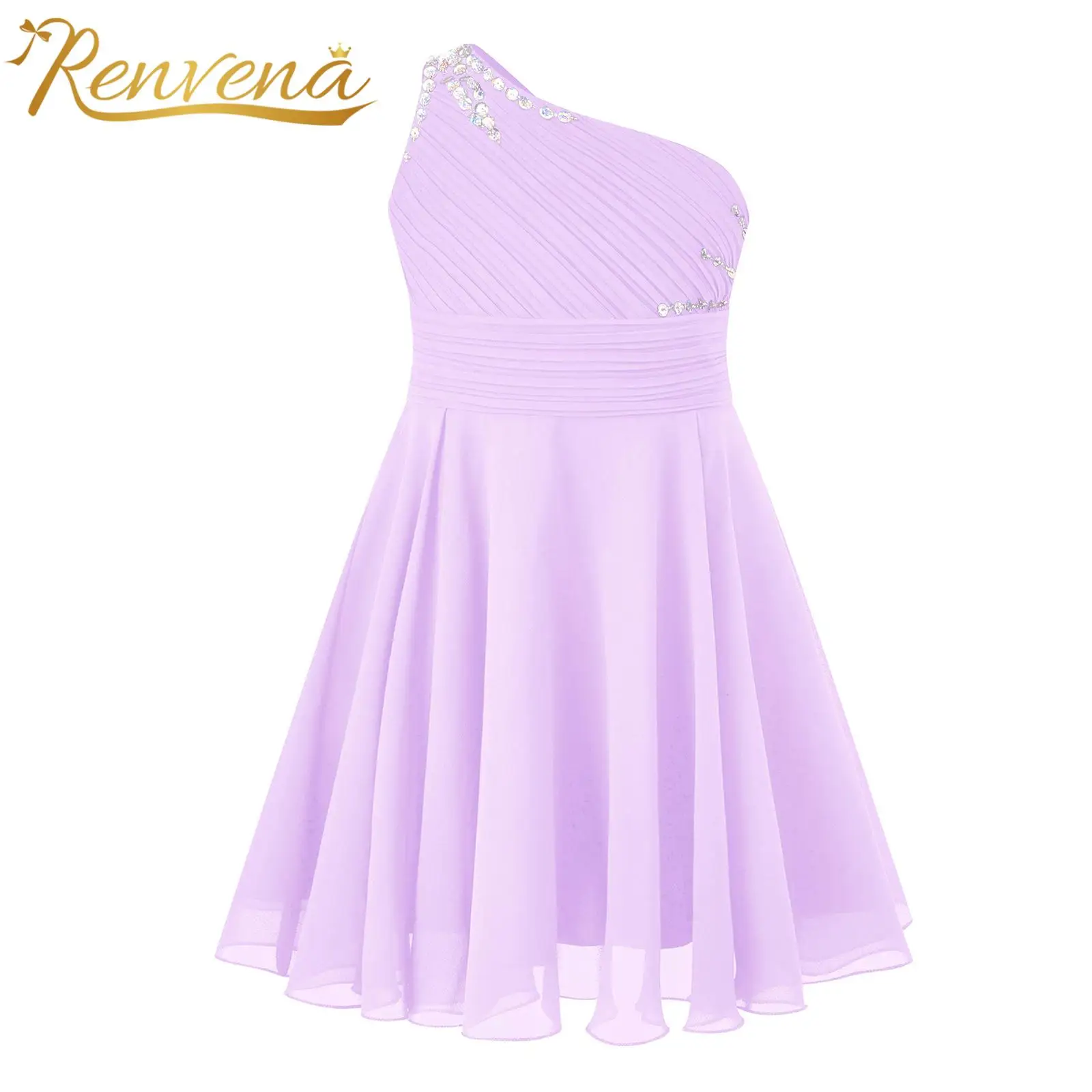 

Kids Girls Party Dress One Shoulder Sleeveless Ruched A-Line Chiffon Dress for Pageant Flower Girl Clothes Wedding Costumes