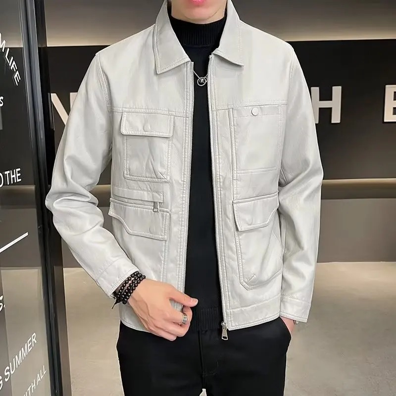 

2023 Men's Autumn New Casual PU Leather Youth Multi-Pocket Casual Polo Collar Leather Jacket