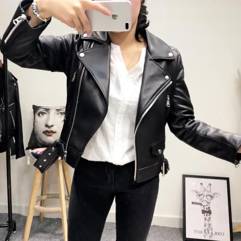 2022 New Autumn Women Pu Leather Jacket Woman Zipper Belt Short Coat Female Black Punk Bomber Faux Leather Outwear