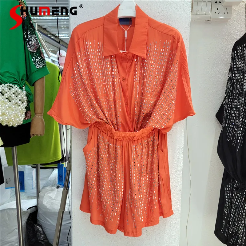 

Shirts with Shorts Orange Red Rhinestone Polo Collar Suit Shirts for Women 2022 Summer New Woman's Fashion Loose Wide Leg Shorts