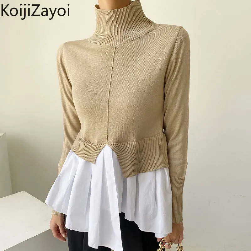 

Koijizayoi Fashion Women Pullover Office Lady Patchwork Turtleneck Chic Korean Sweater 2022 Vintage Knitted Jumper Slim Tops
