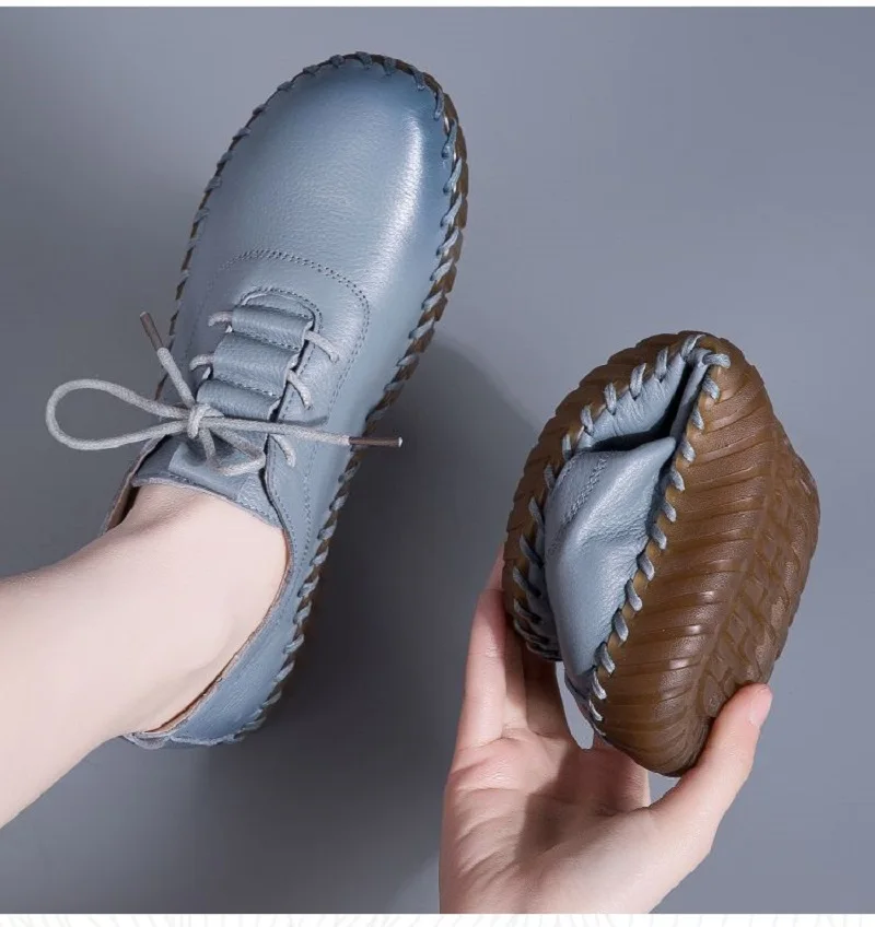 

Genuine Leather Shoes For Woman Autumn Flats Female Vintage Leather Low Heels Casual Shoes Woman Outdoor Lace Up Non Slip Loafer
