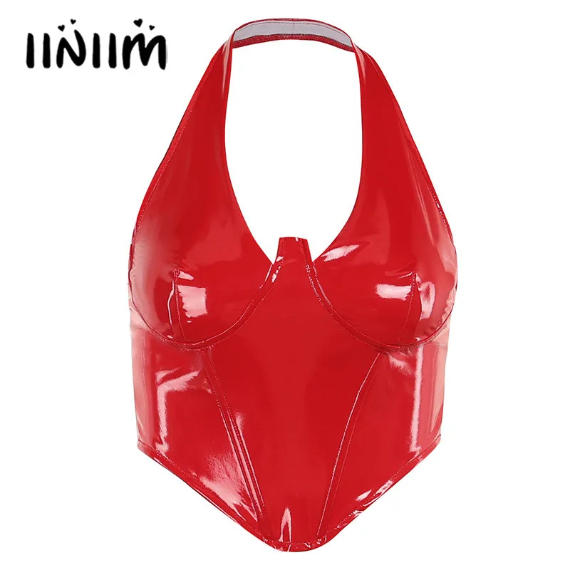 

Корсет женский из лакированной кожи, Модный укороченный топ с лямкой на шее, с открытой спиной, топ с асимметричным подолом, черный красный