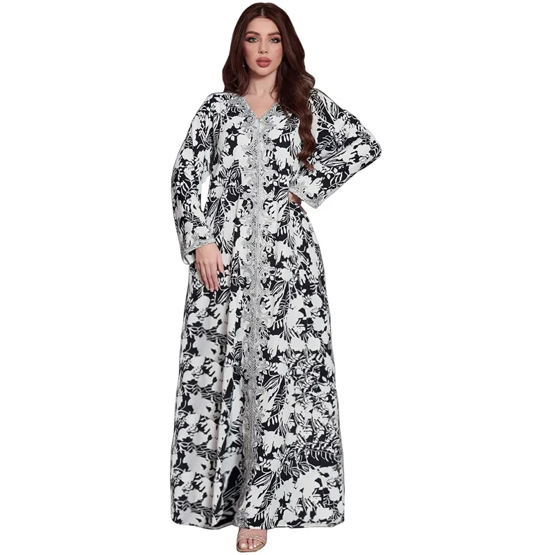 Dubai Luxury Islamic Clothing Puff Sleeve Women Muslim Dress Black and White Flores Printed Long Jalabiya Abaya Femme Musulman
