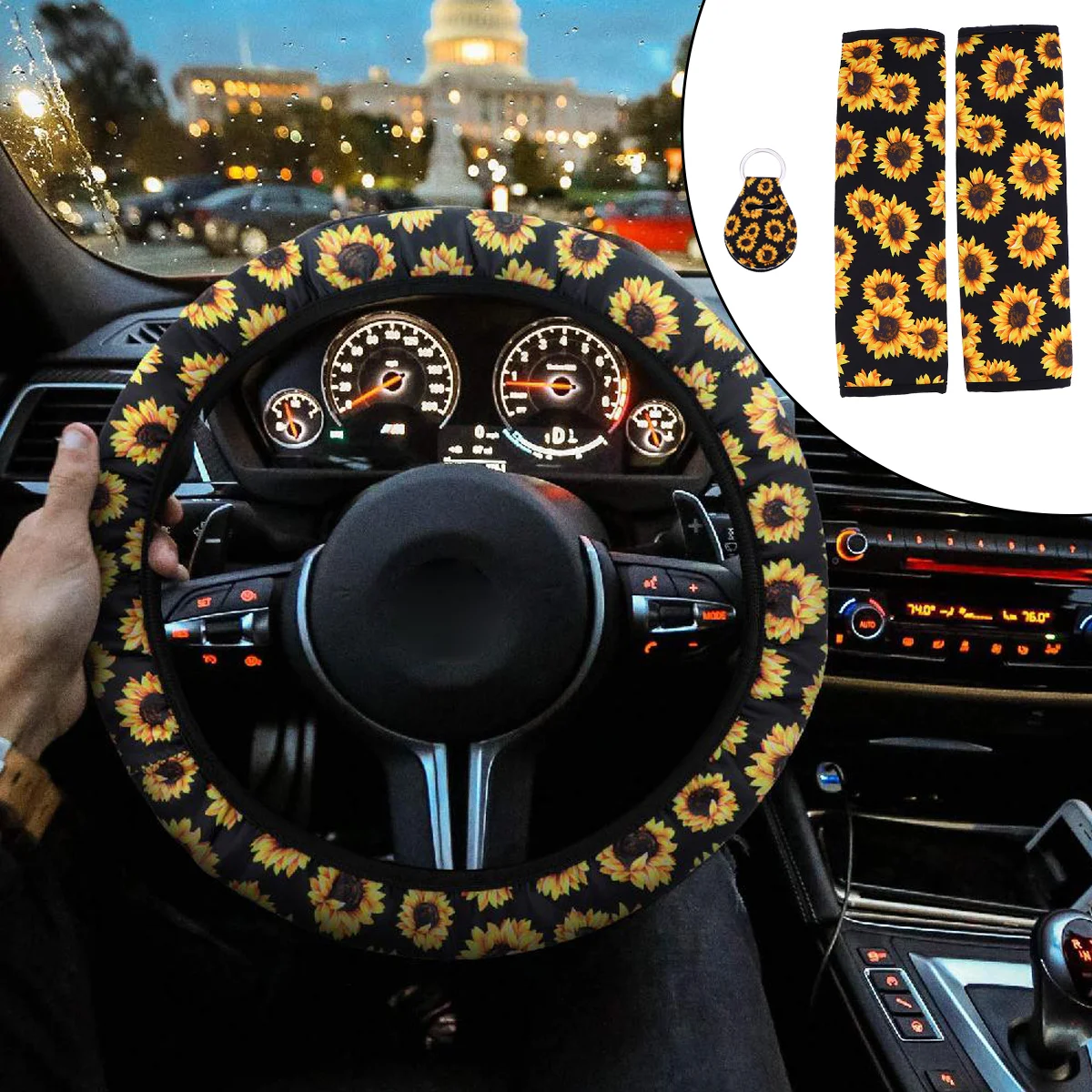 

1 Set/4pcs Car Accessories with 1pc Sunflower Car Steering Wheel Cover 2pcs Sunflower Seat Belt Covers and 1pc Sunflowers