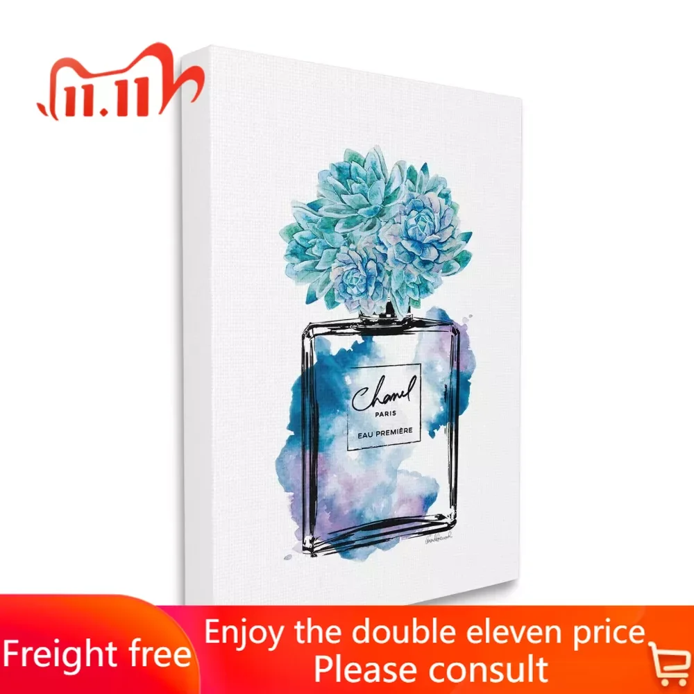 

Canvas Painting Wall Art Home Decor The Watercolor Fashion Perfume Bottle With Blue Flowers