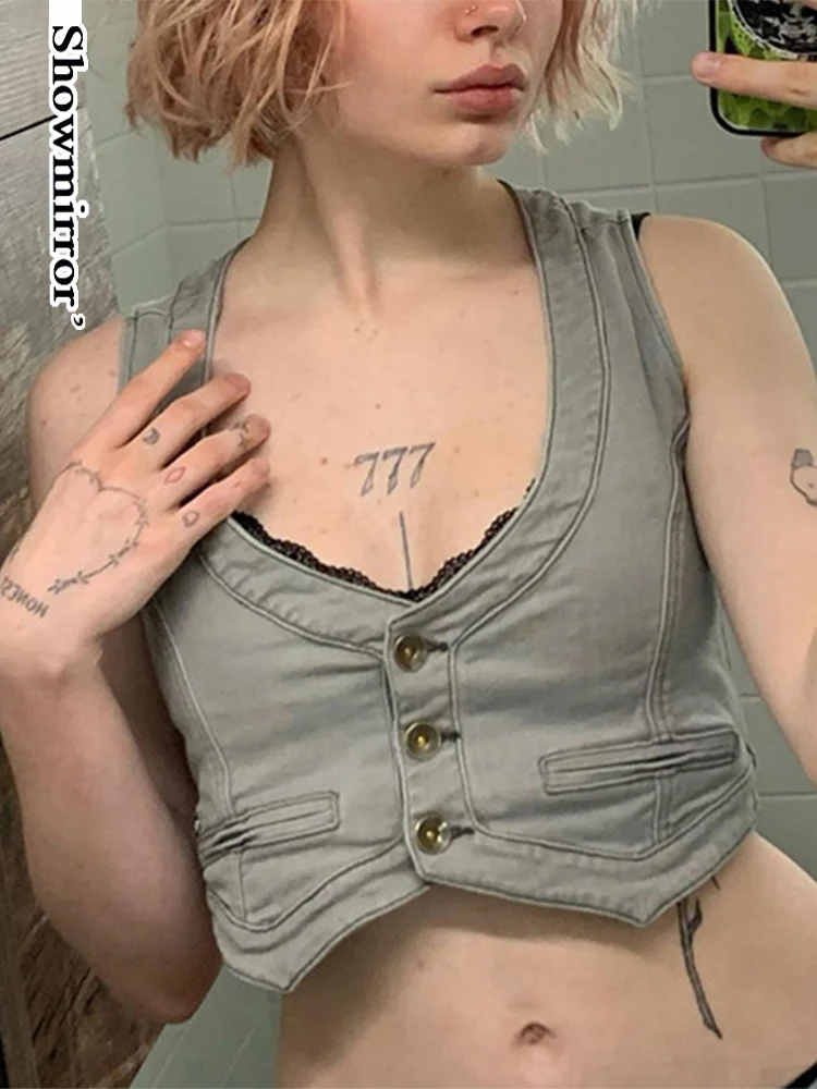 

Showmirror тренд для женщин без рукавов облегающий укороченный пупок однотонный универсальный маленький жилет летняя мода Lmitation джинсовый топ A