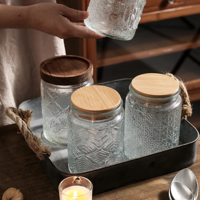 Japanese Retro Embossed Glass Sealed Jar Storage Jar Snack Dried Fruit Jar Glass Jar Kitchen Supplies Storage Jar Ornament images - 6