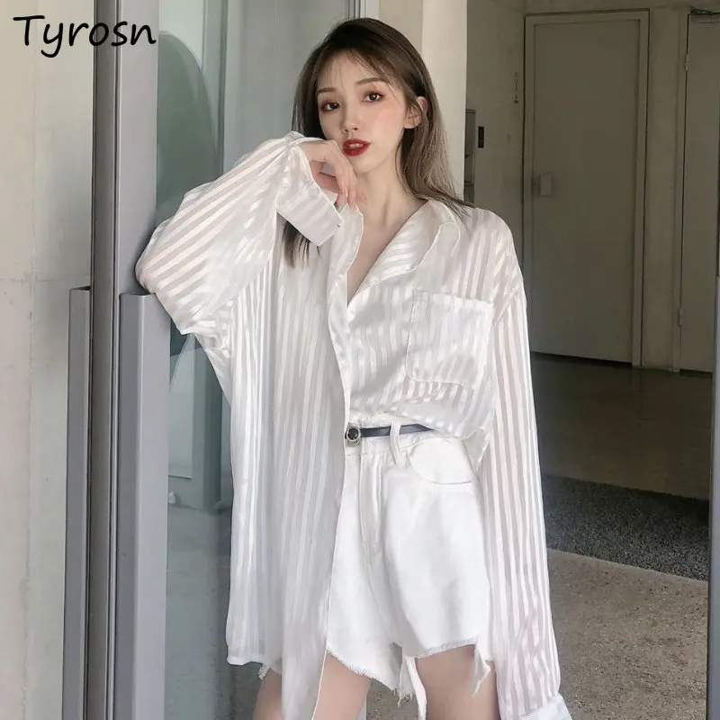 

Shirts Women Loose Fashion Leisure Summer Turn-down Collar Design French Style Simple All-match Ladies Sun-proof Elegant Striped