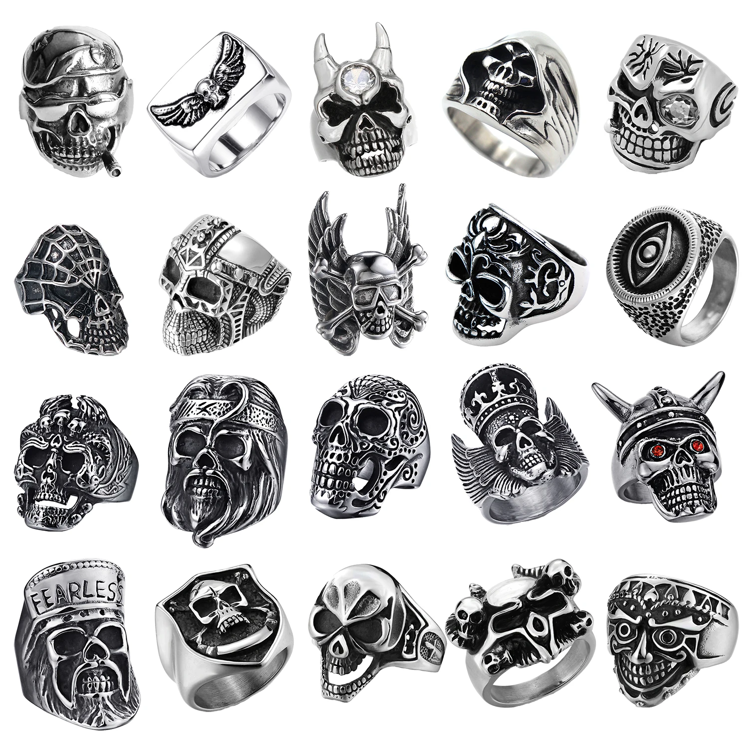 

Titanium Steel Men Punk Gothic Skull Rings Skeleton Hip Hop Silver Black Cool for Male Boy Jewelry Creativity Gift Dropshipping
