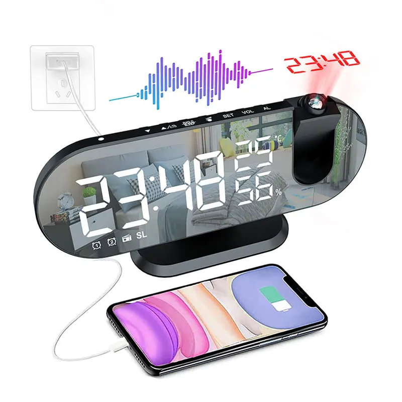 

Dual Loud Smart Alarm Clock Projection for Bedroom Radio Digital Alarm Clock with USB Charger Large Mirror LED Display