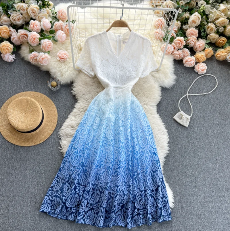 

2022 Summer V-neck Gradient Blue Dress Women Beach Vacation Short Sleeve Lace Dress For Women