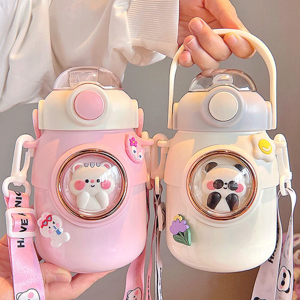 

Kawaii термос бутылка для воды милые дети с соломинкой 700 мл большой емкости нержавеющая сталь чайник Спорт чашка для студентов для детей