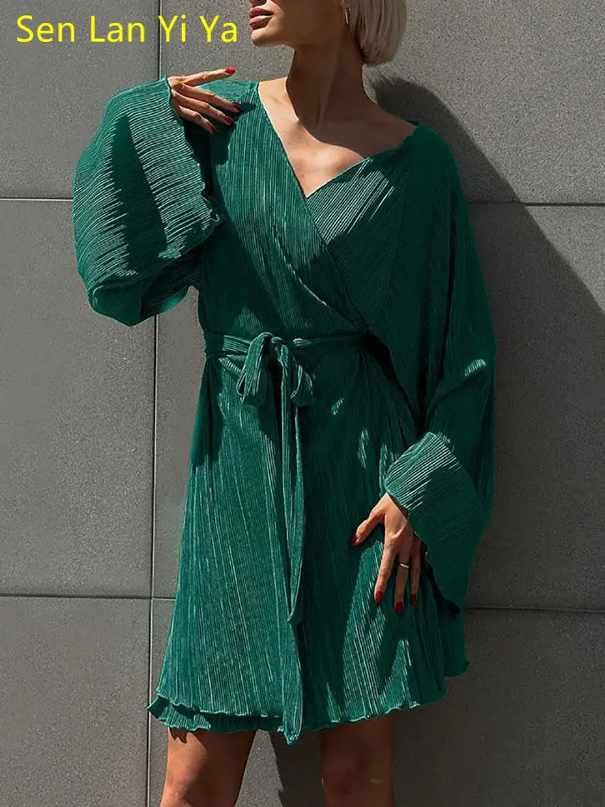 

Sen Lan Yi Ya Fashion Loose Long Sleeve Ruched Women'S Dress Elegant Lace-Up V-Neck High Waisted Green Evening Dress Ladies 2023