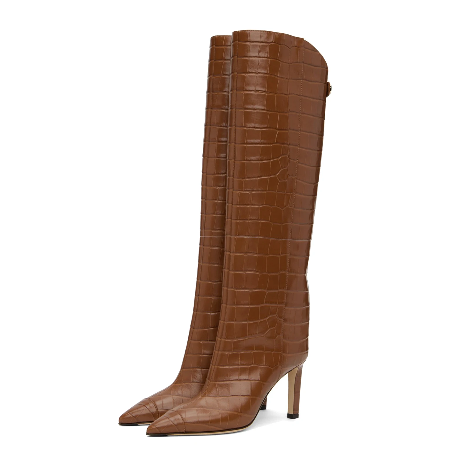 Женские кожаные сапоги до колена на высоком каблуке с острым носком и