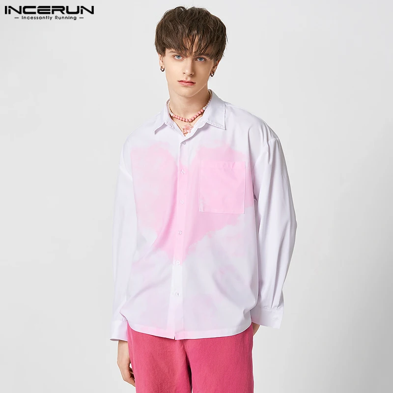 

INCERUN Tops 2023 American Style Handsome Men's Halo Dyed Love Pattern Printing Shirts Casual Streetwear Male Long Sleeve Blouse