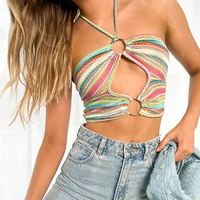 womens 2022 new summer sexy halter neck hollow straps color striped backless vest women tank top womens tops bustier top