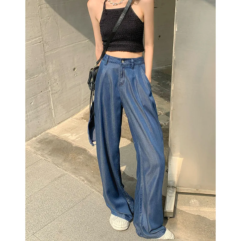 

High Waist Solid Women's Fashion Jeans Girls Ladies Wide Leg Straight Pants Female Denim Baggy Bottoms Trousers Streetwear Femme