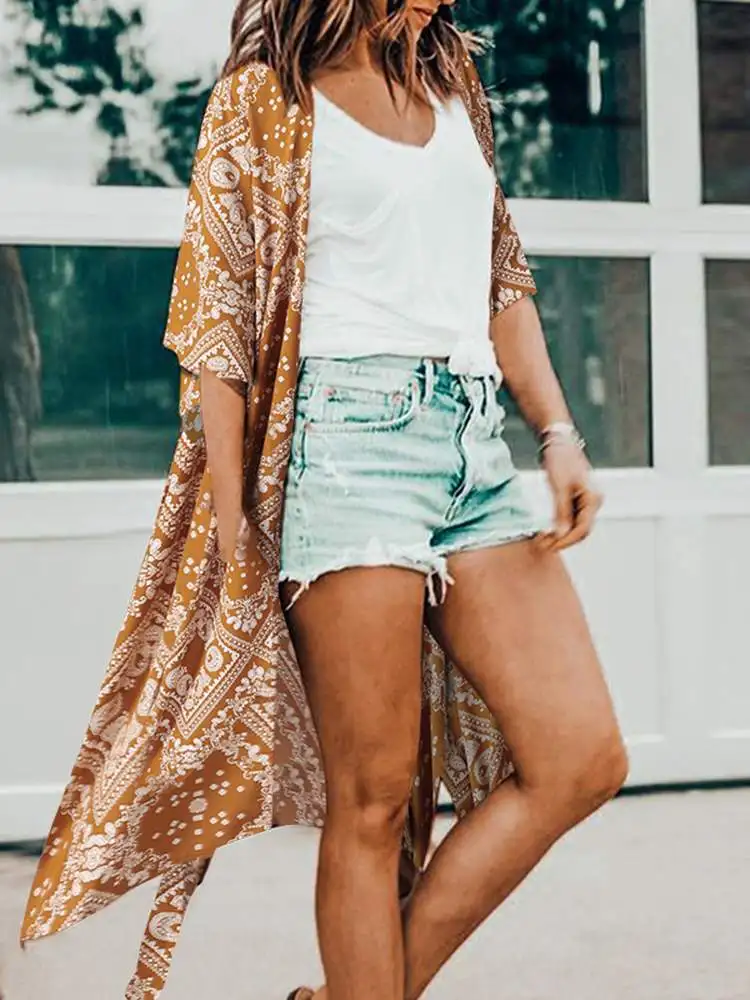 

Женская летняя блузка с принтом ZANZEA 2022, модные пляжные кардиганы, повседневное кимоно с полурукавами и цветочным принтом, накидка, женские п...