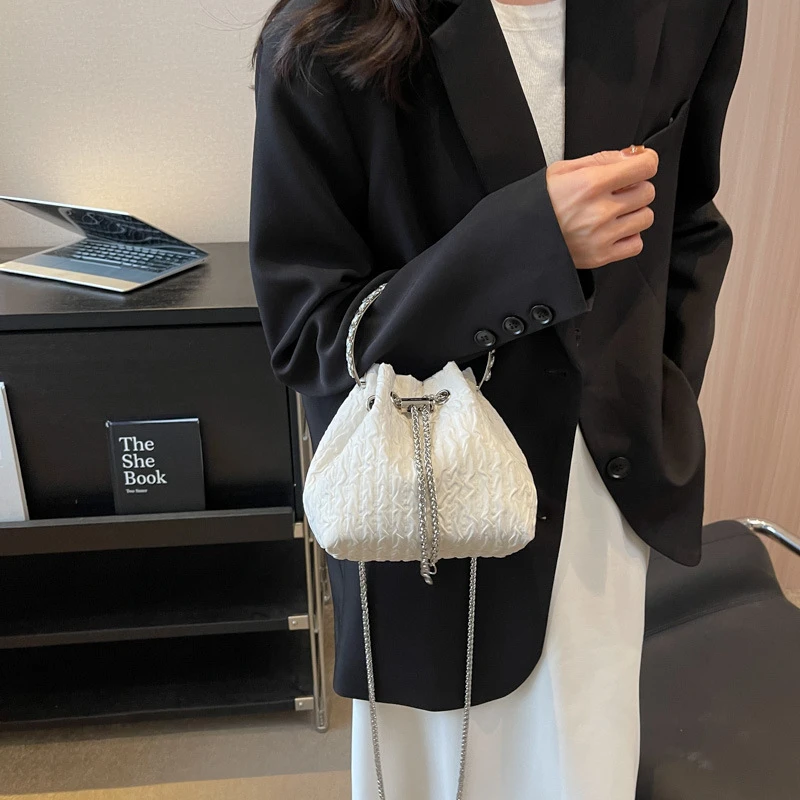 Drawstring Bow Shoulder Bag for Women Retro Luxury Handbag Fashion Canvas Crossbody Bucket Bags Female Small Purses Tote Bag