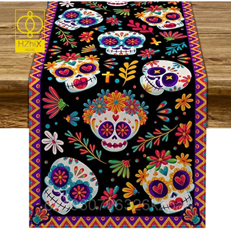 

Mexican Day of The Dead Linen Dining Table Table Runner Indoor Outdoor Party Altar Decorat Home Kitchen Restaurant Table Runner