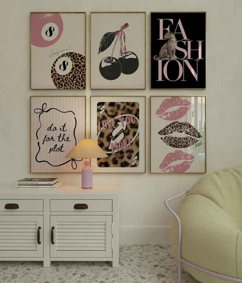 

Набор из 6 картин: Розовый леопард, Happy No.8, Y2K, клубничная девчачья цитата