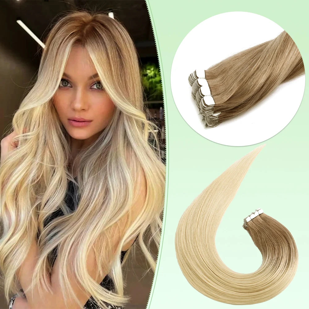 

ZURIA 22" Straight Mini Tape In Human Hair Extensions Invisible Skin Weft Adhesive Double Sided Tape Machine Remy Real For Women