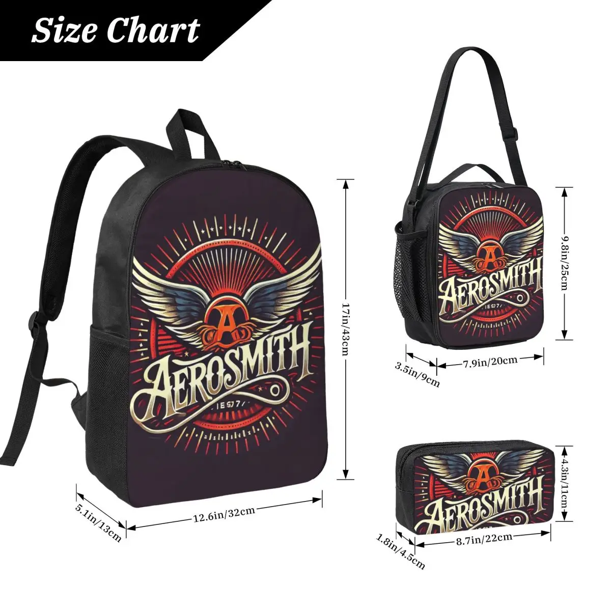Фото Рюкзак Rock Aerosmith Band (3) Студенческий рюкзак для мальчиков и девочек, школьная сумка, сумки на плечо для ноутбука, изолированная сумка для обеда 3 шт., пенал №2