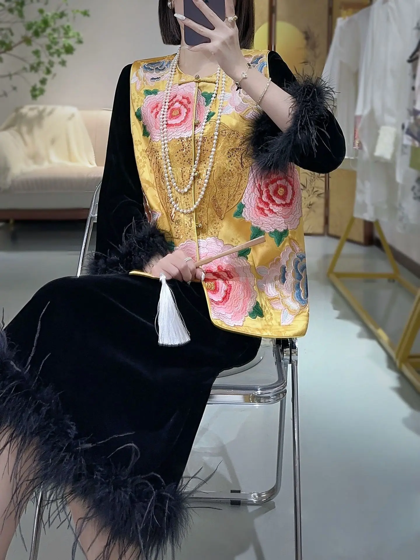 Женский жаккардовый Топ без рукавов элегантный однобортный с вышивкой пиона и