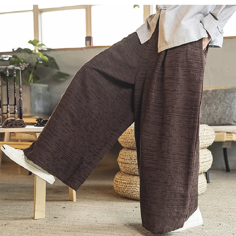 Japanese Wide Leg Pants Men's Chinese Style Men's Fashion Loose Japanese Street Trousers Solid Color Drawstring Harem Pants